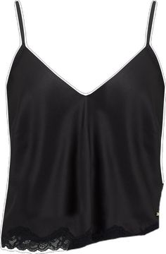 Black Satin Camisole Top, Black Satin V-neck Top, Black Tops With Adjustable Straps For Loungewear, Black Satin Cami Top, Black Satin Spaghetti Strap Tank Top, Black Satin Cami Tank Top, Black Satin Camisole For Summer, Black Tank Top For Summer Sleepwear, Black Tank Top For Sleep In Summer