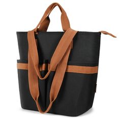 a black and brown tote bag on a white background