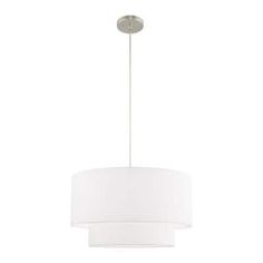 a white light hanging from a ceiling fixture with a round shade on the top and bottom