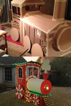 cardboard train with christmas lights and decorations on the side, next to an image of a house made out of cardboard boxes