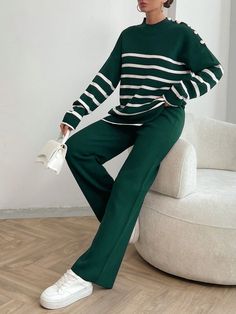 SHEIN Women Stripe Pattern Button Detailed Round Neck Drop Shoulder Pullover & Sweater Pants SetI discovered amazing products on SHEIN.com, come check them out! Shein Women, Sweater Pants, Striped Pants, Knitwear Women, Stripes Pattern, Pullover Sweater, Sports Equipment, Drop Shoulder, Cute Clothes