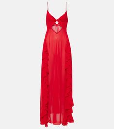 Isabel ruffled cutout maxi dress in red - Bananhot | Mytheresa Spring Knitwear, Midi Skirt Spring, Cutout Maxi Dress, Ruffled Maxi Dress, Party Tops, Everyday Wardrobe, Scarf Hairstyles, Invisible Zipper, Fall Dresses