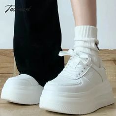 Tavimart White Sports Shoes Korean Women Platform Sneakers Casual Harajuku Tennis Female Vintage Vulcanize Designer Footwear Lace-up Skate Shoes With Thick Bottom For Sports, White Canvas Shoes For Light Sports With Round Toe, High-top Skate Shoes For Sports, White Thick Bottom Canvas Shoes For Streetwear, White Sporty Canvas Shoes With Chunky Sole, White Sporty Canvas Shoes With Thick Bottom, White High-top Chunky Platform Sneakers, White Breathable Platform Sneakers With Round Toe, White Skate Shoes With Thick Bottom For Sports