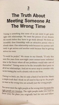 an open book with the title'the truth about meeting someone at the wrong time '