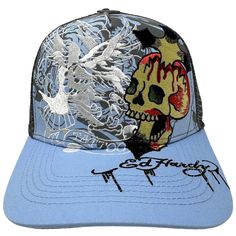 * Ed Hardy Embroidered Eagle Skull Trucker * Authentic With Tag * Embroidered Premium Detail On Front Panel And Top Of Brim * Rear Ed Hardy Logo Tab * Inner Moisture Sweatband * Adjustable Snapback Closure * Rear Mesh Panels * Inner Ed Hardy Tape Lining * Cotton Polyester Blend * Mpn Ehh0001-23 Skull Print Cap One Size, Skull Print Cap One Size Fits Most, Casual Snapback Baseball Cap With Skull Print, Casual Skull Print Snapback Baseball Cap, Blue Trucker Hat With Embroidered Logo, Blue Baseball Cap Trucker Hat With Embroidered Logo, Blue Trucker Hat With Embroidered Logo And Flat Bill, Blue Streetwear Hat One Size, Blue Cap With Embroidered Patch