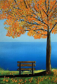 a painting of a bench under a tree with fall leaves on the ground and water in the background