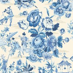 a blue and white wallpaper with flowers on it