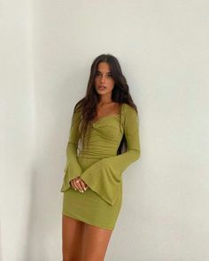 Square Neck Stretch Bodycon Dress For Brunch, Stretch Square Neck Bodycon Dress For Brunch, Fall Ruched Square Neck Mini Dress, Fall Mini Dress With Ruched Square Neck, Fall Mini Dress With Square Neck And Ruched Detail, Trendy Green Mini Dress With Square Neck, Fitted Bell Sleeve Mini Dress For Date Night, Square Neck Ruched Bodycon Mini Dress, Trendy Square Neck Mini Dress For Brunch