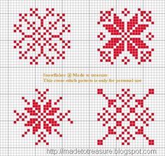 cross stitch pattern with red and white snowflakes on the front, back and side