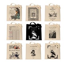 six bags with different types of books printed on the front and back, each bag has an individual's own logo