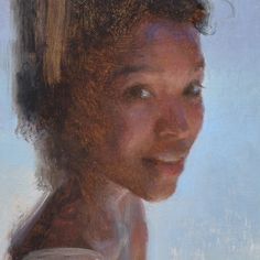 an oil painting of a woman's face and shoulders, with blue sky in the background