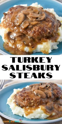 turkey salisbury steaks with gravy on top and mashed potatoes in the middle