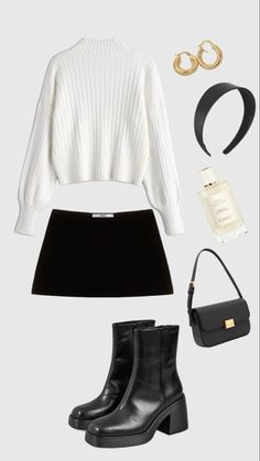 Christmas Outfit Skirt And Sweater, Cute Outfits For Nyc Winter, White Sweater And Black Skirt, Shein Outfits Codes Winter, Avery Grambs Outfits, Black And White Outfit Women, Fancy Christmas Outfits, Christmas Outfits Classy, Christmas Mass Outfit