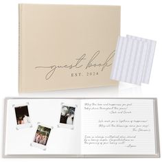 the wedding album is open and has photos on it, along with a notepad