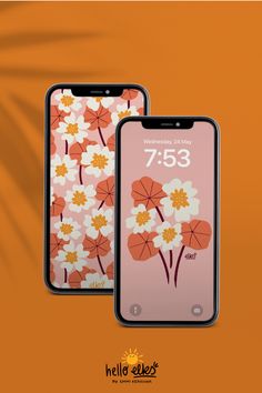 two iphones with flowers on them, one is pink and the other is orange