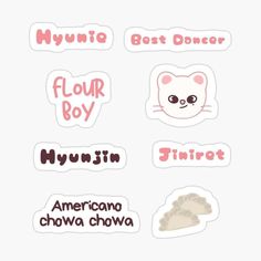 four stickers with different types of animals and words in pink, white, and brown