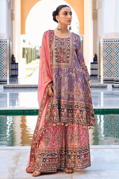 Lavender Multicolored Anarkali Sharara Suit | Best Indian Clothing for Women - A digitally printed crepe silk peplum style anarkali top paired with embellished crepe silk Printed Sharara Suit, Mirror Work Lace, Phulkari Pants, Silk Sharara, Anarkali Tops, Lucknowi Kurta, Gharara Suits, Patiala Salwar Suits, Ethnic Suit