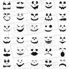 various halloween faces and expressions are shown in black on a white background, with the words happy