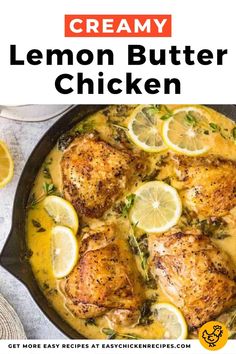 lemon butter chicken in a skillet with the title overlay