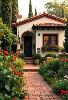 a white house with red and yellow flowers on the front door is surrounded by greenery