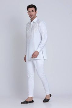 White shirt with resham patchwork embroidery in geometric pattern. - Aza Fashions Yoke Shirt, Satin Embroidery, Patchwork Embroidery, Diana Penty, Luxury Sale, Modern Bride, Embroidered Shirt, Aza Fashion, Casual Shirts For Men