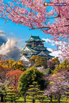 the castle is surrounded by cherry blossom trees and mountains in the background, with a blue sky