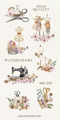 watercolors with sewing tools and flowers on the bottom, along with words that read high quality