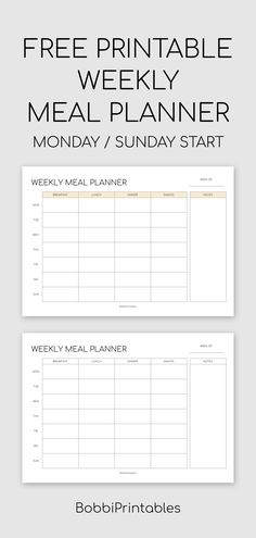 a meal planner with the text free printable weekly meal planner monday / sunday start