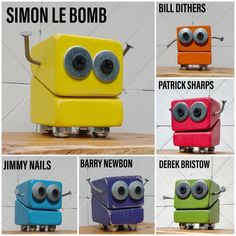 four different types of toy robots with eyes and nose shapes, all in different colors