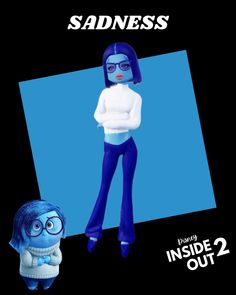 a cartoon character standing next to an animated girl with blue hair and glasses in front of a black background