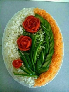 a plate with rice and flowers on it