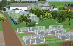 an artist's rendering of a garden with greenhouses