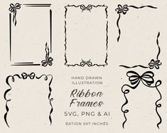 hand drawn ribbon frames with ribbons and bows on the edges, set of 6 pieces