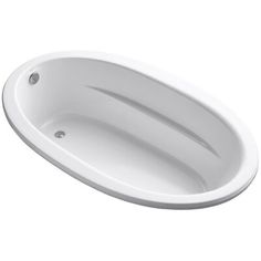 the bathtub is white and has an oval shaped design on the side, with a drain