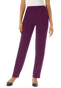 A great addition to your wardrobe with a multi-stitched elastic waist and front creases. Layer with your favorite tunic for effortless style. 29" inseam27" petite inseamPolyMachine washImported  | Plus Size Women's Crease-Front Knit Pant by Roaman's in Dark Berry (Size 24 WP) Loosely Fitted Pull-on Style Sweatpants, Womens Denim Shirt, Overalls Pants, Affordable Fashion Women, Petite Size Chart, Swimsuits For All, Collars For Women, Pants Straight, Scarf Set