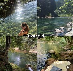 four different pictures of a river with rocks and trees in the foreground, one woman on her cell phone