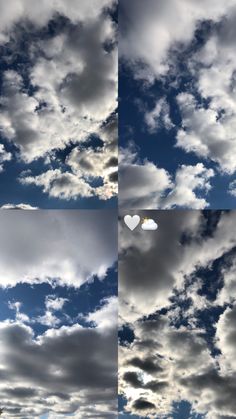 the sky is filled with clouds and two white hearts are floating in the air above them