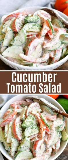 cucumber tomato salad in a white bowl on a wooden table with text overlay