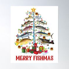 a christmas tree with fish on it and presents under the tree, merry fishermans poster