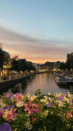 boats are parked along the side of a river at dusk with flowers growing in the foreground