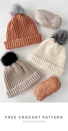 three knit hats with pom poms on them and the text free crochet pattern