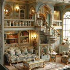 a doll house with furniture and stairs in it