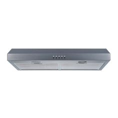 a stainless steel range hood with four lights on the front and two doors at the bottom