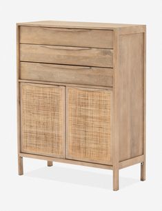 a wooden cabinet with wicker doors and drawers