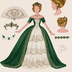 an illustration of a woman in a green and white dress