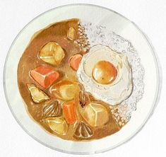 a drawing of a bowl of soup with an egg and other food items on it