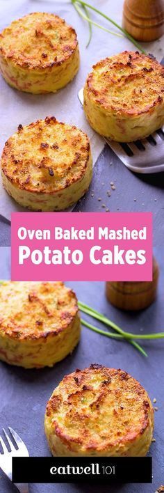 oven baked mashed potato cakes with text overlay