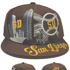 Brand New 100% Polyester Premium San Diego Downtown Style Snapback Hat In Baseball Colors. San Diego Initials Stacked On A Downtown Off Center On A Brown Crown With Baseball And Crossbats. Great Look With San Diego Initials With Palm Tree On Back. One Size Fits Most. Snapback Hats Like These Usually Retail For $29 Plus Shipping, But You Can Take Advantage Of This One For Only $22 With Free Domestic Priority Mail Shipping!!! Hat Has Logos And Letters On Front And Back Of Crown Embroidered, Stitch Brown Curved Brim Hat For Sports Events, Brown Flat Bill Hat For Sports Events, Brown Visor Hat For Streetwear, Brown Flat Brim Hat For Sports Events, Brown Flat Brim Hat For Baseball Season, Brown Snapback Hat For Baseball Season Streetwear, Casual Brown Baseball Cap For Sports Events, Brown Casual Snapback Hat For Sports Events, Brown Snapback Baseball Cap With Letter Print