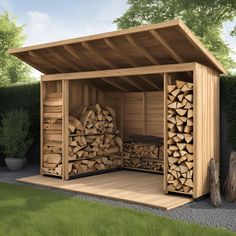 a wooden shed with logs stacked in it