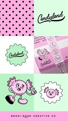 the logos for candyland are shown in pink and green colors, with black dots on them